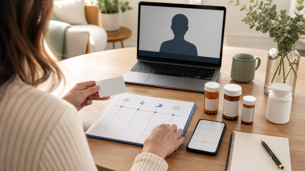 Patient organizing a symptom timeline and medicines before a digestive health appointment